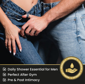 Skin Elements bottle on shower shelf portraying everyday use and discreet storage