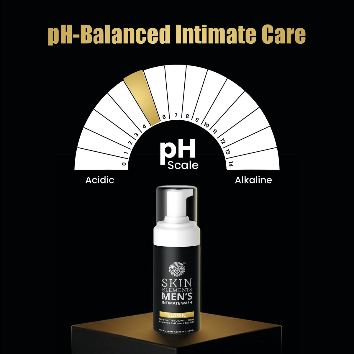 Skin Elements bottle beside a ruler demonstrating the 4.05 fl. oz. compact size