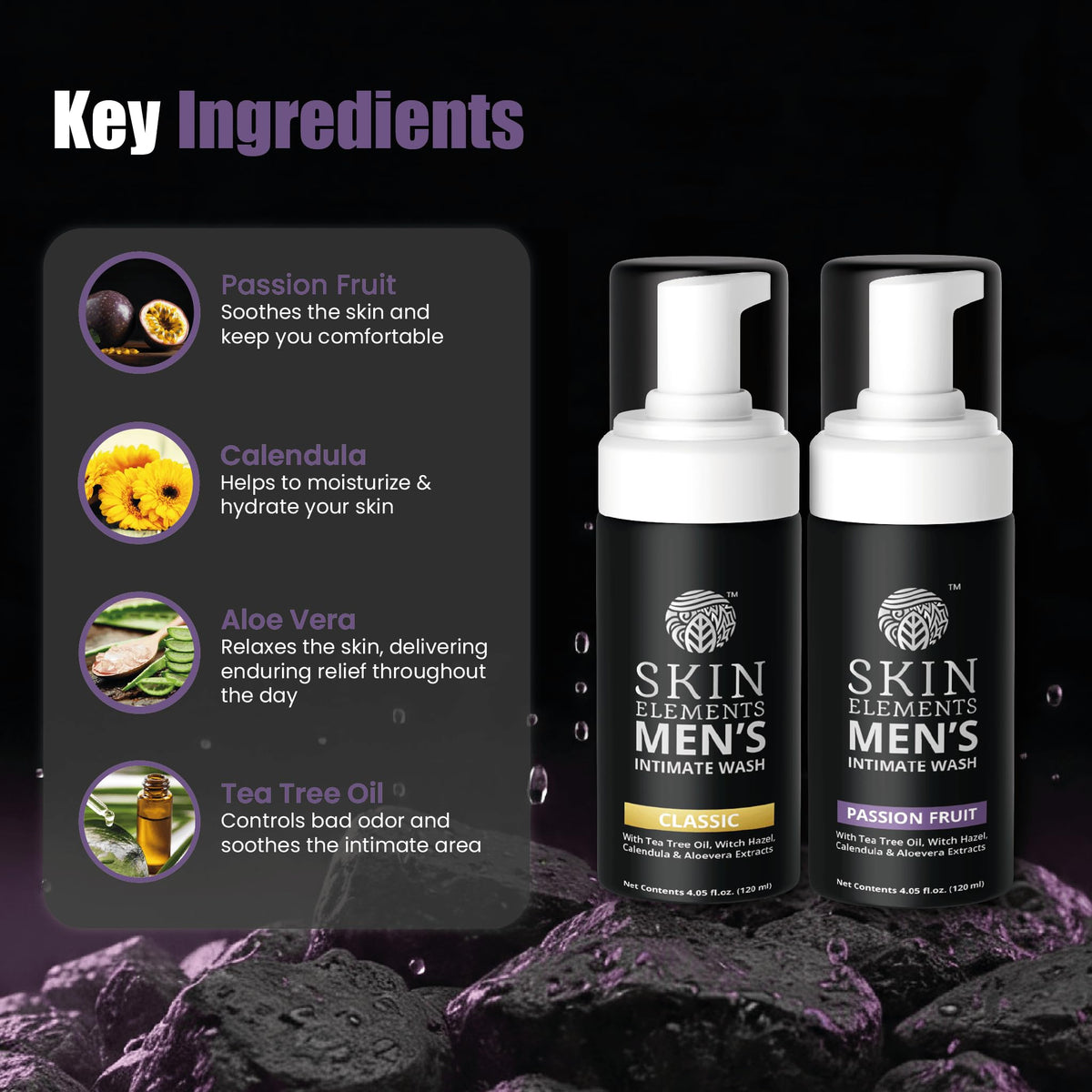 Skin Elements close-up of tea tree oil drops highlighting freshening benefit