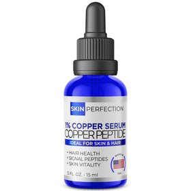 Skin Perfection cobalt blue bottle front showing product and branding, conveys protective packaging