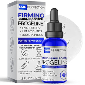 Skin Perfection blue glass bottle showing peptide booster, protects potency