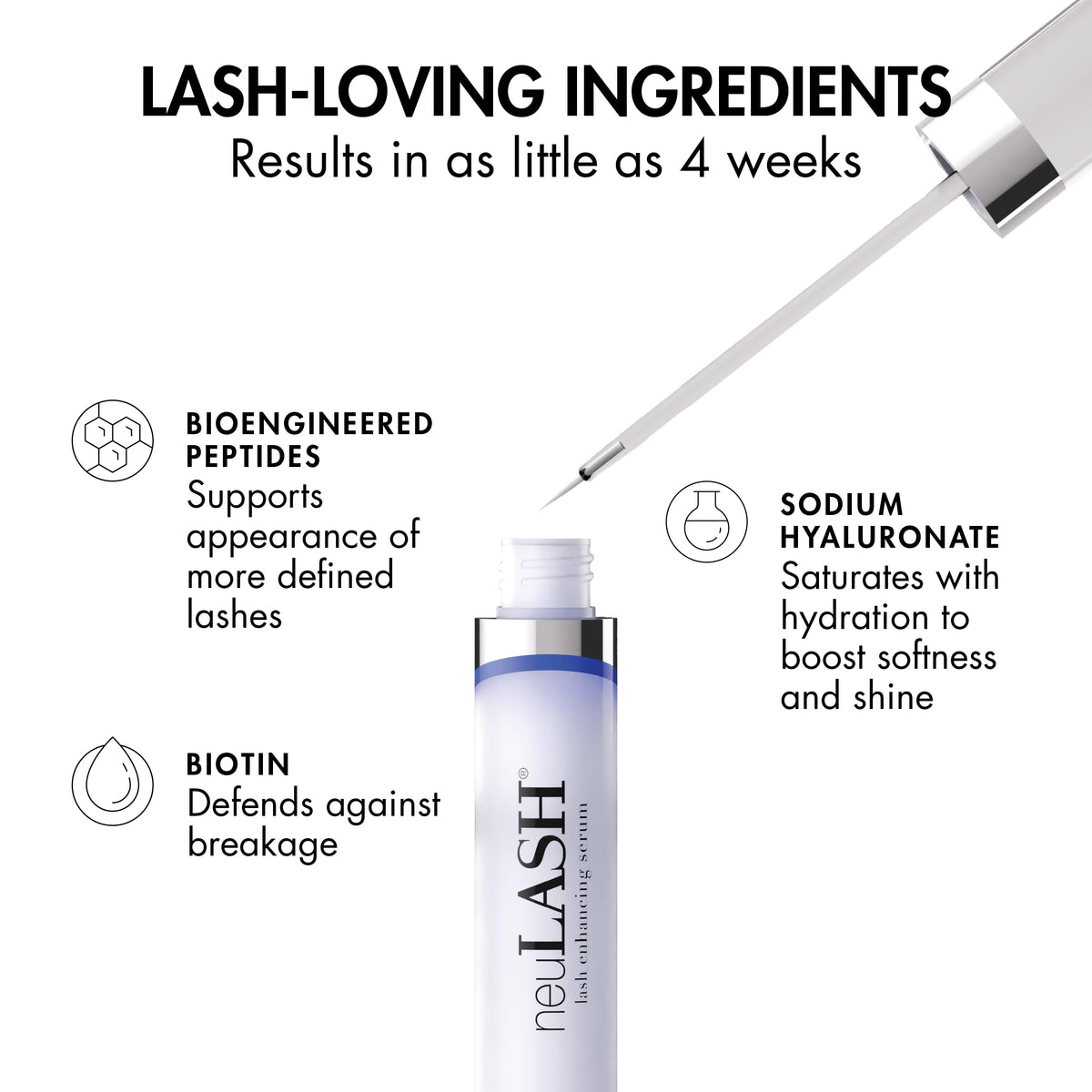 Skin Research Laboratories neulash applicator closeup demonstrating precise brush for targeted lash application benefit: controlled dosing
