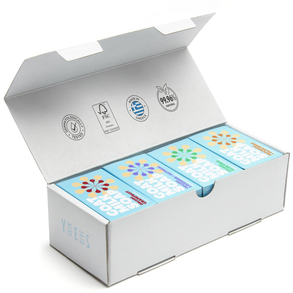 Skin Said Yes front packaging showing eight triple-milled soap bars and certification benefits