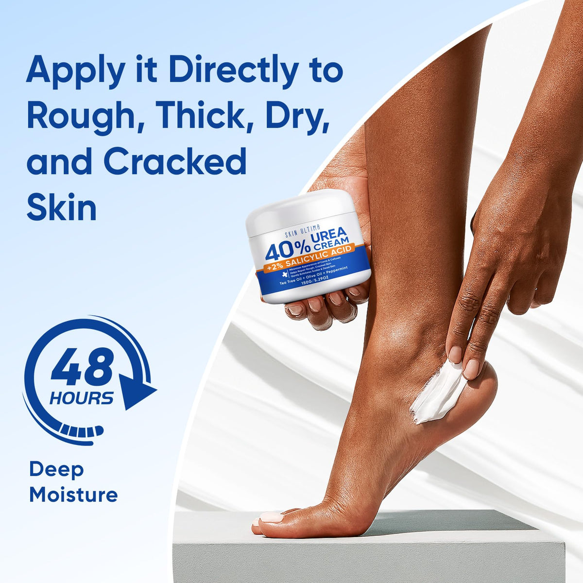 SKIN ULTIMA cream on feet with cotton socks showing overnight repair benefit