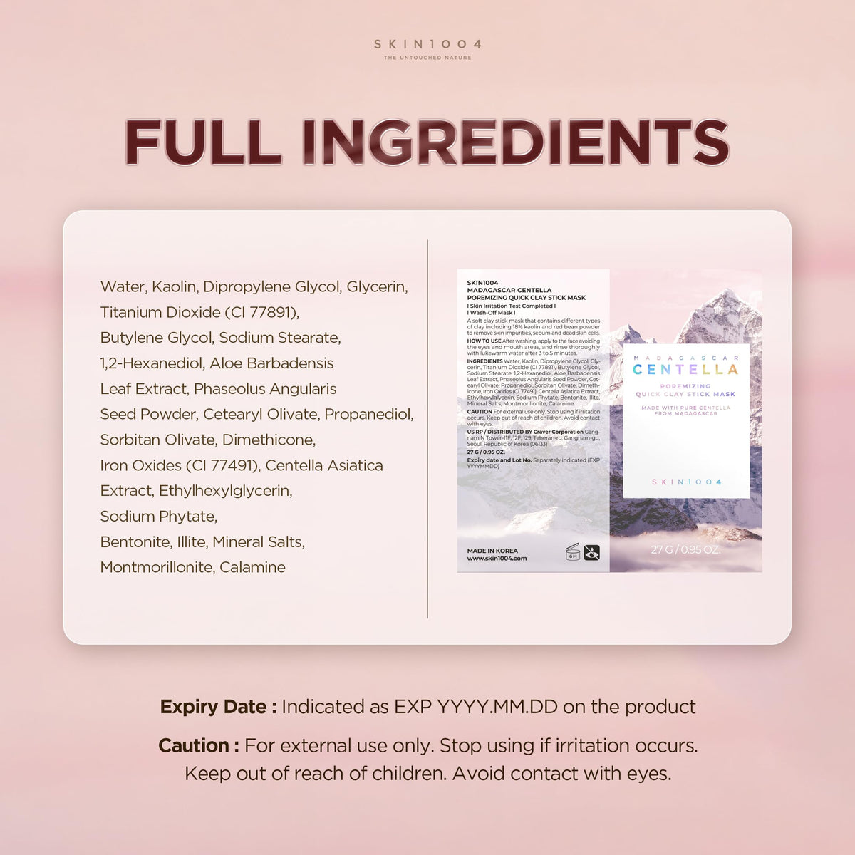 back label of SKIN1004 showing ingredients and directions for safe use benefit
