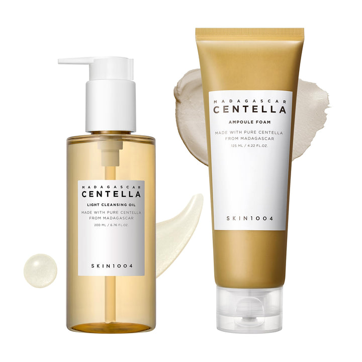 SKIN1004 front packaging showing both cleansing oil and ampoule foam, clear set benefit