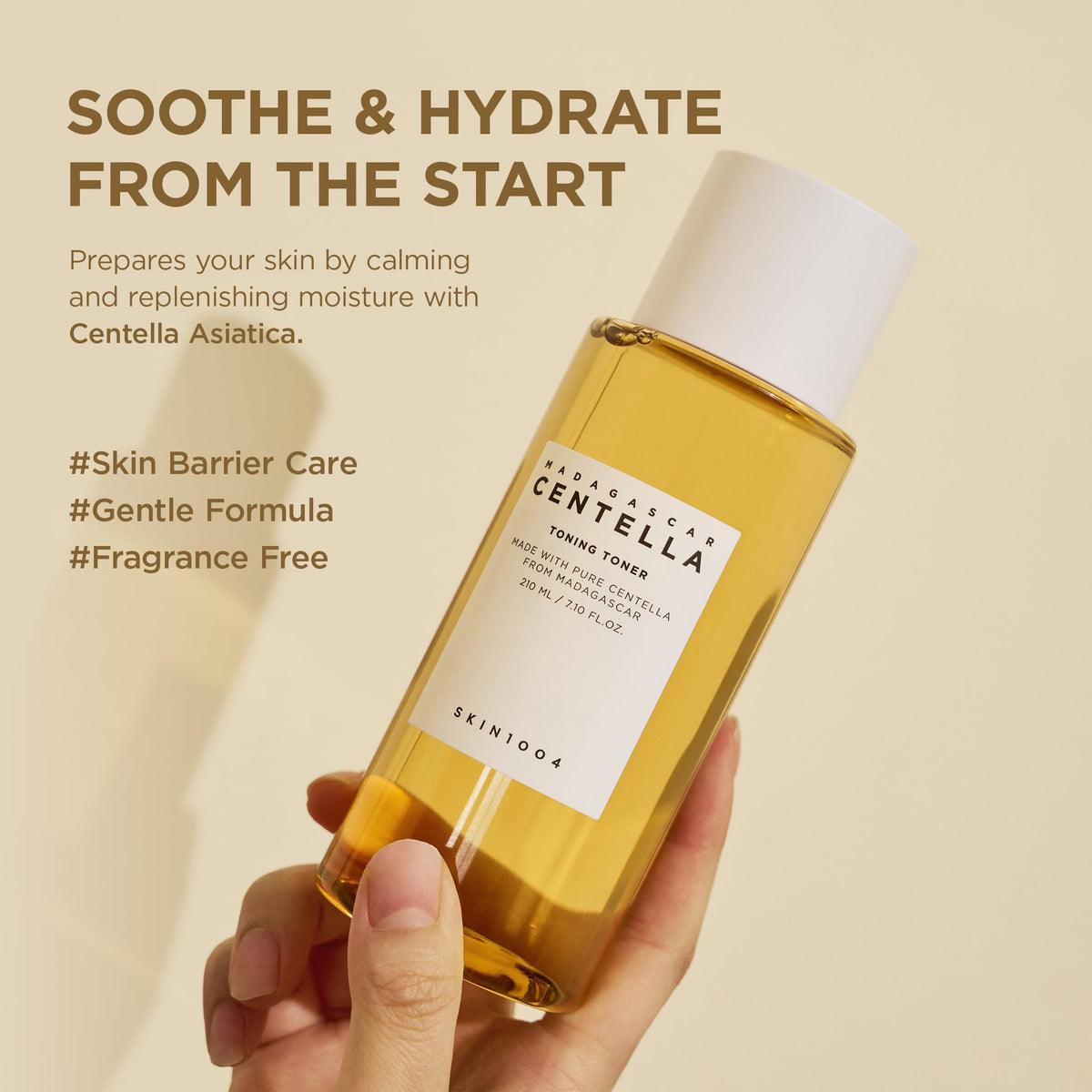 SKIN1004 texture drop on hand showing lightweight hydration benefit
