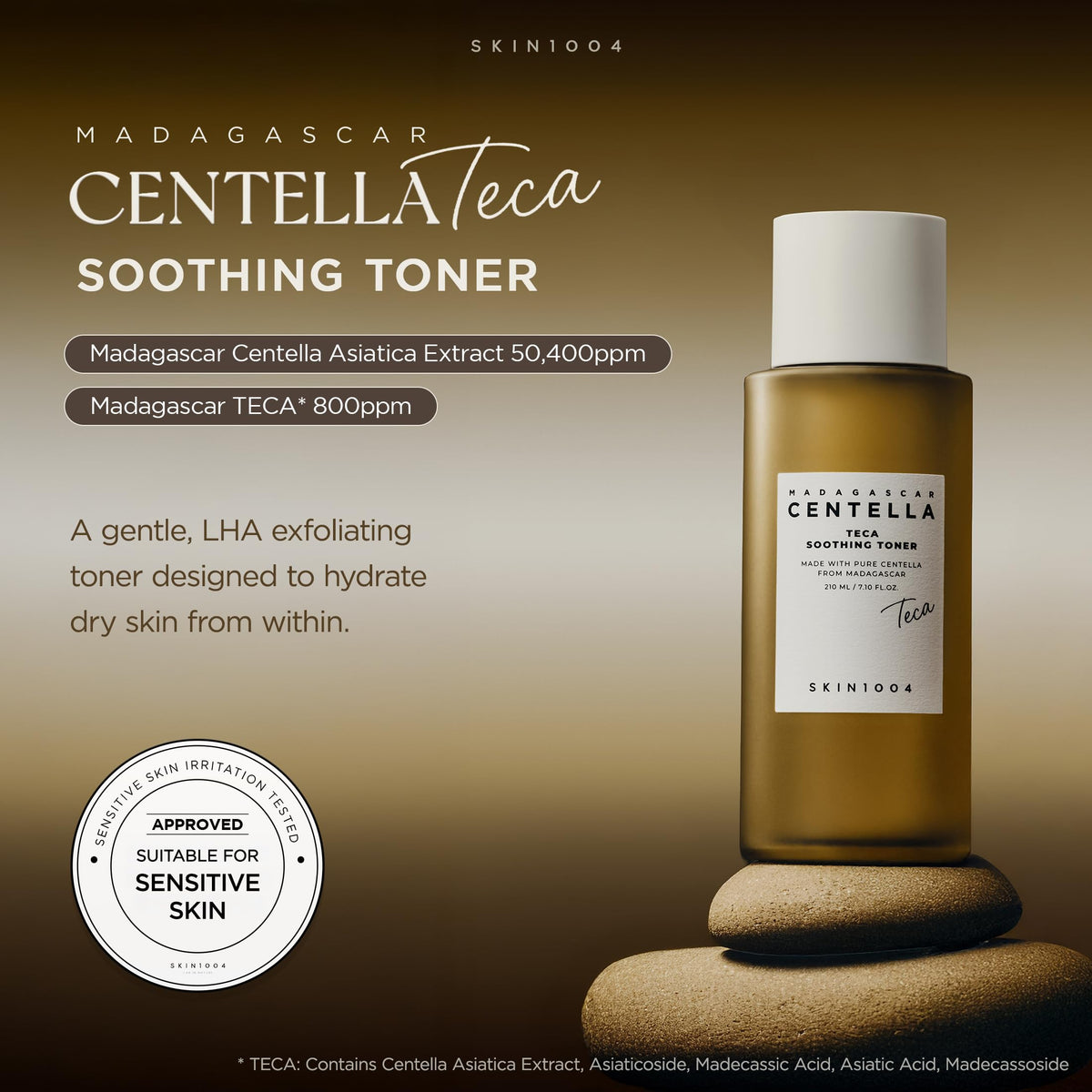SKIN1004 close-up label highlighting TECA and PDRN for soothing