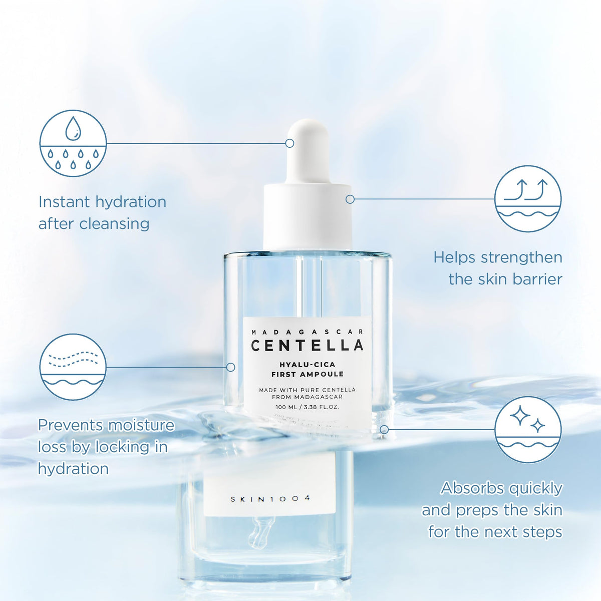 SKIN1004 watery ampoule texture on hand, illustrating lightweight fast absorption