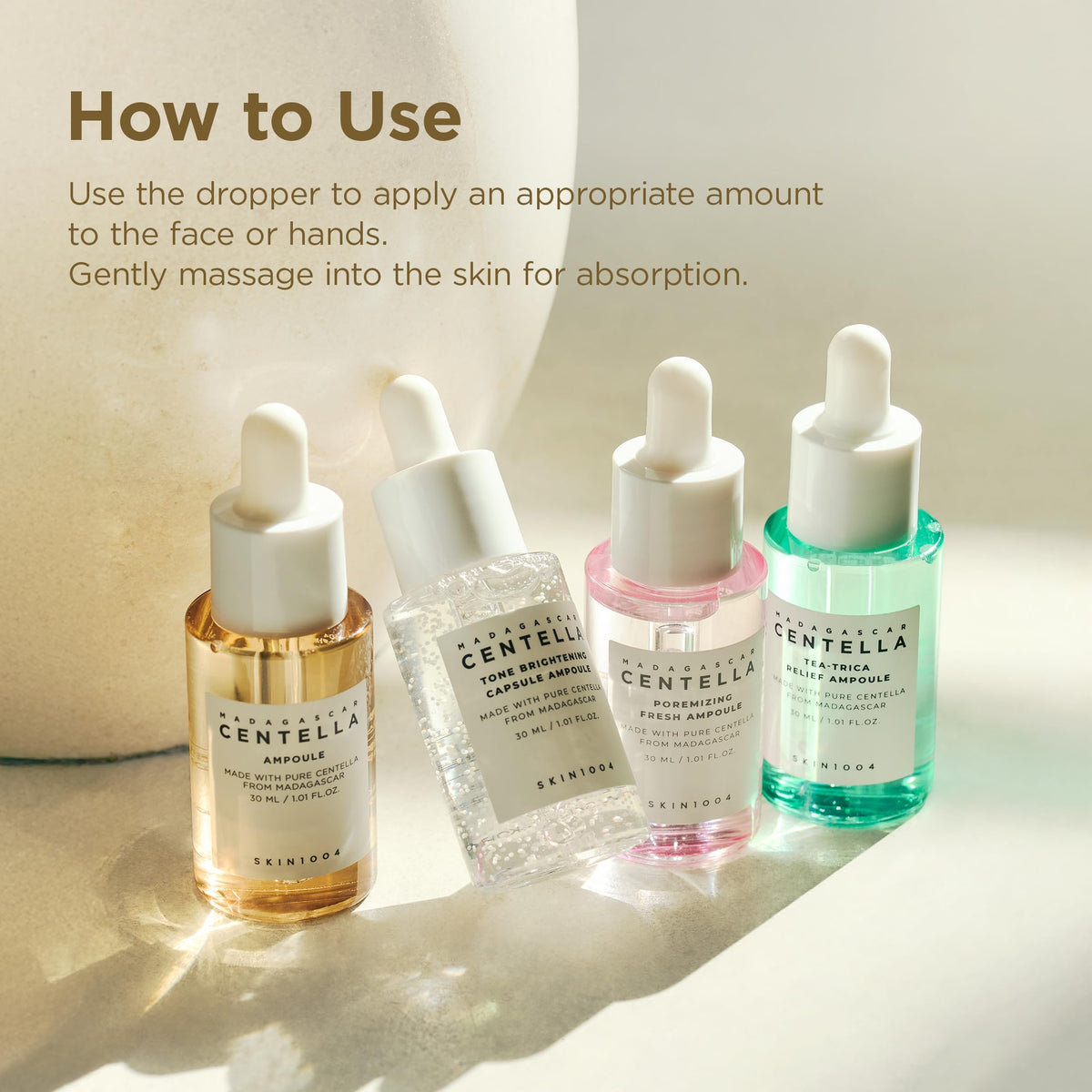 SKIN1004 ampoule kit staged in bathroom, perfect for travel skincare routine