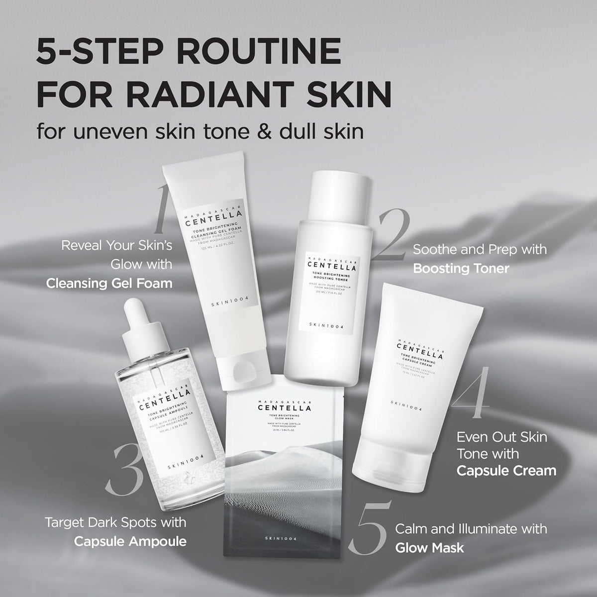 SKIN1004 bottle styled on bathroom shelf conveying everyday routine compatibility benefit