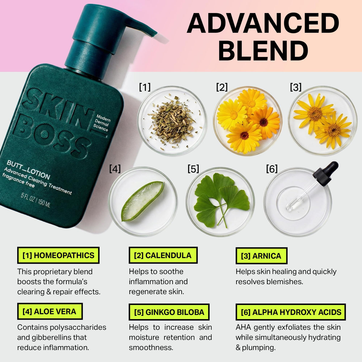 SKINBOSS ingredient label detail showing AHAs and calendula benefits