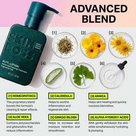 SKINBOSS ingredient label detail showing AHAs and calendula benefits