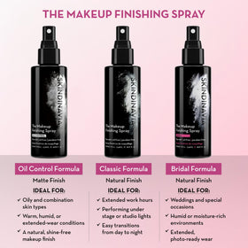 Person using SKINDINAVIA spray on finished makeup for all-day transfer resistance