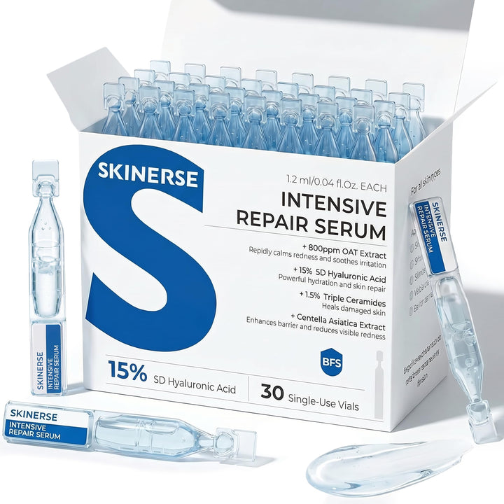 SKINERSE front packaging showing 30 vials and calming design, promotes hygienic travel use