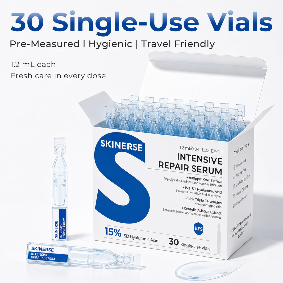 SKINERSE vials arranged in a travel pouch, convenient portable hydration for trips