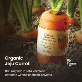 SKINFOOD 1957 pads beside carrot and botanicals showing ingredient focus