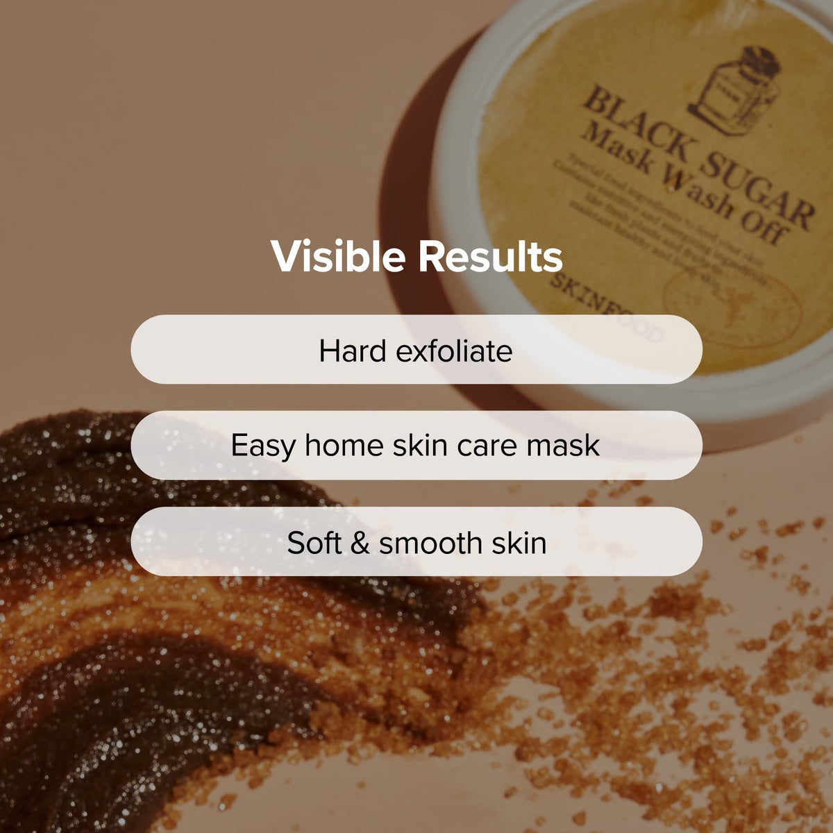 Flatlay of SKINFOOD 1957 with sugar crystals and plant oil ingredients, emphasizes natural components