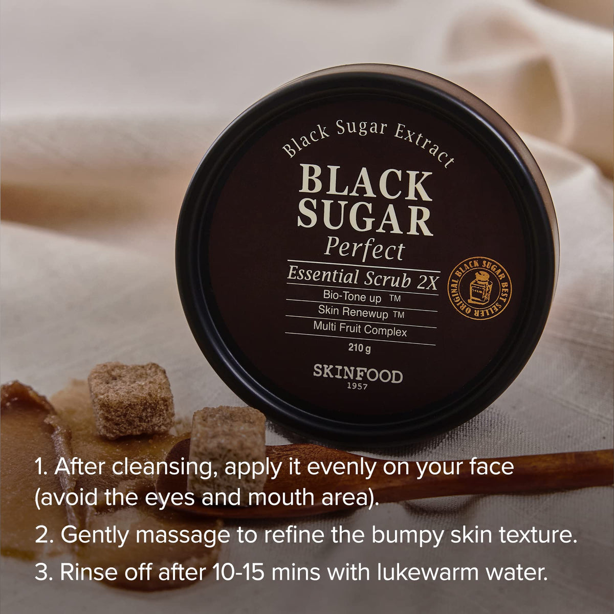 Open jar of SKINFOOD 1957 revealing scrub inside, displays consistency and usable amount