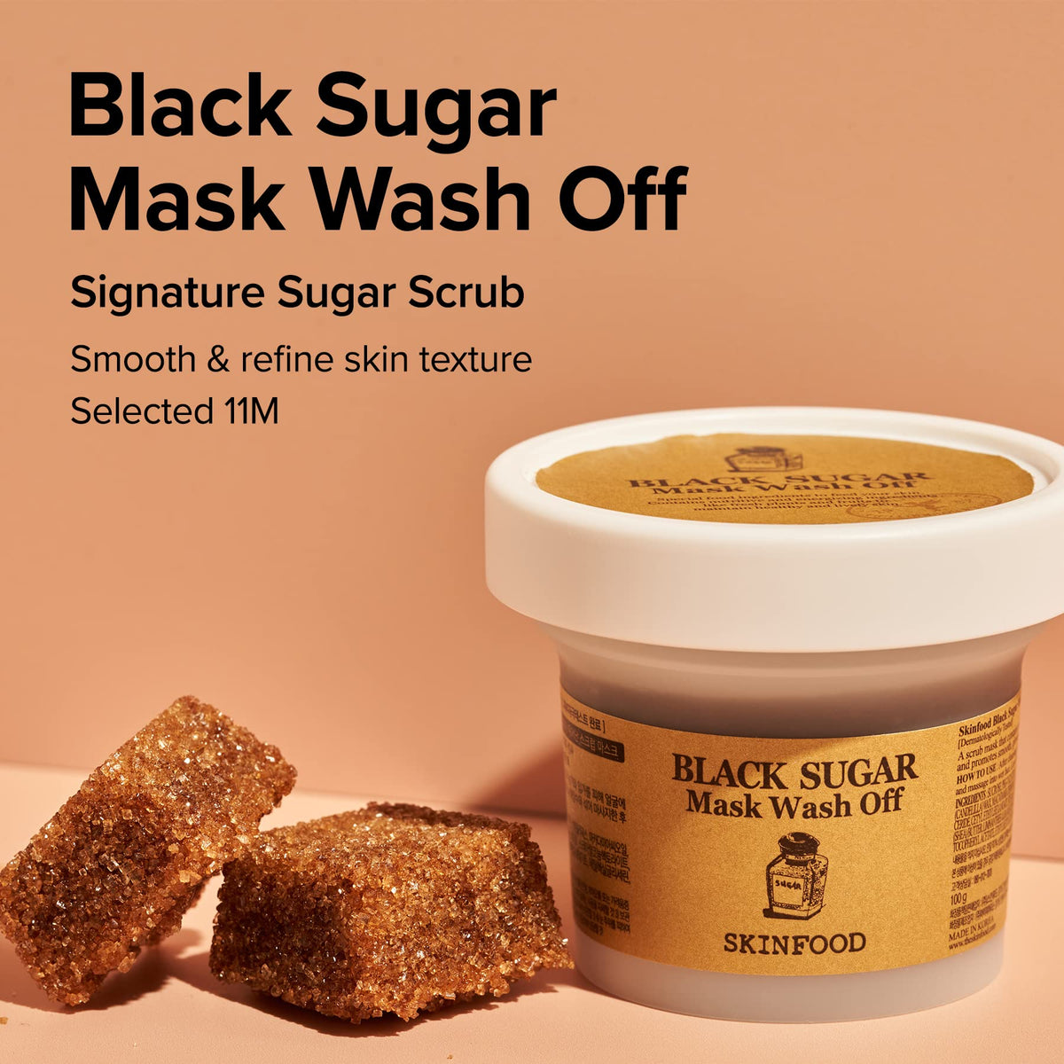 SKINFOOD 1957 close-up of black sugar scrub texture, highlights exfoliating grains and smooth base