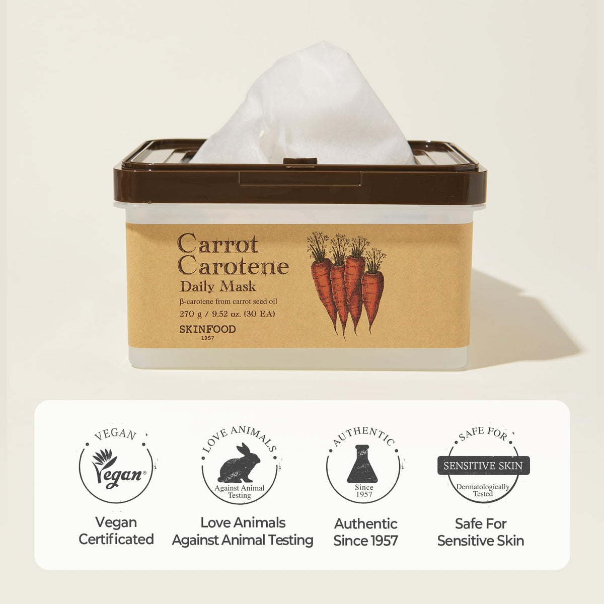 SKINFOOD certification labels showing OEKO-TEX and vegan credentials for safe gentle use