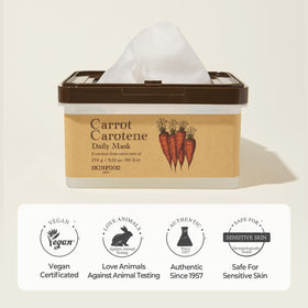 SKINFOOD certification labels showing OEKO-TEX and vegan credentials for safe gentle use