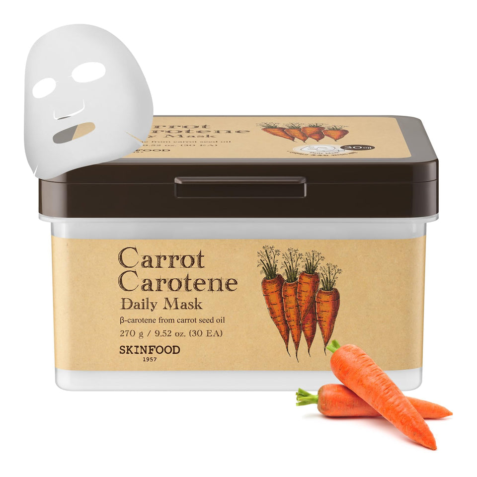 SKINFOOD front packaging of carrot mask showing quantity and quick hydration benefit
