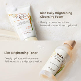 SKINFOOD fermented Icheon rice grains and lab bottle, illustrating authentic ingredient