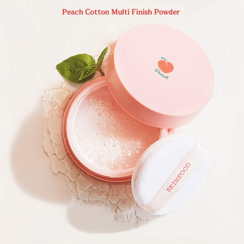 SKINFOOD open powder top view with puff, shows translucent silky finish