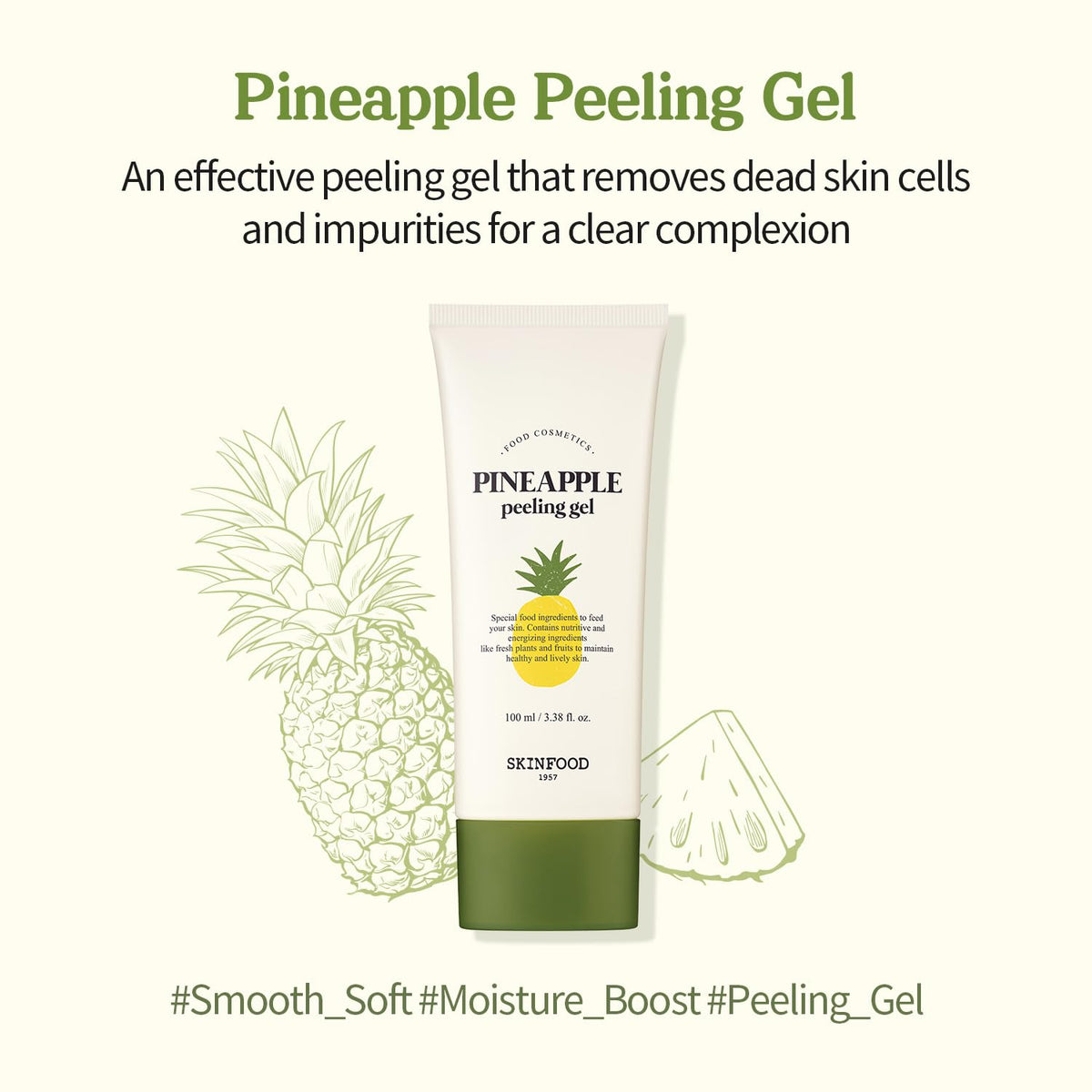 SKINFOOD 1957 pineapple gel being massaged in hand for visible dead skin removal