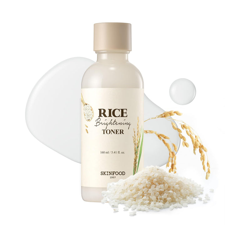 SKINFOOD front bottle showing rice toner packaging and clear glow benefit
