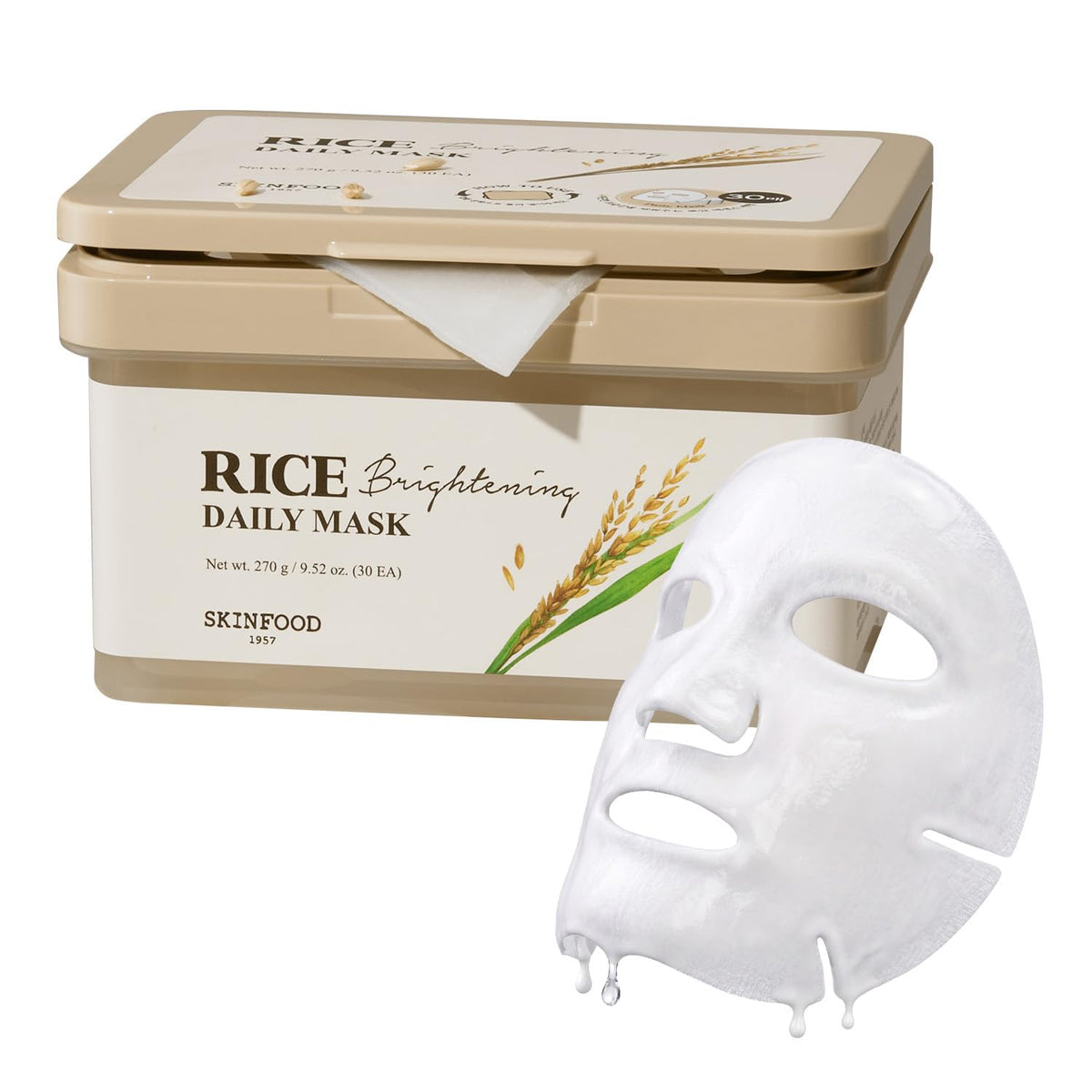 SKINFOOD Rice Daily Mask front packaging showing large 30-sheet supply benefit