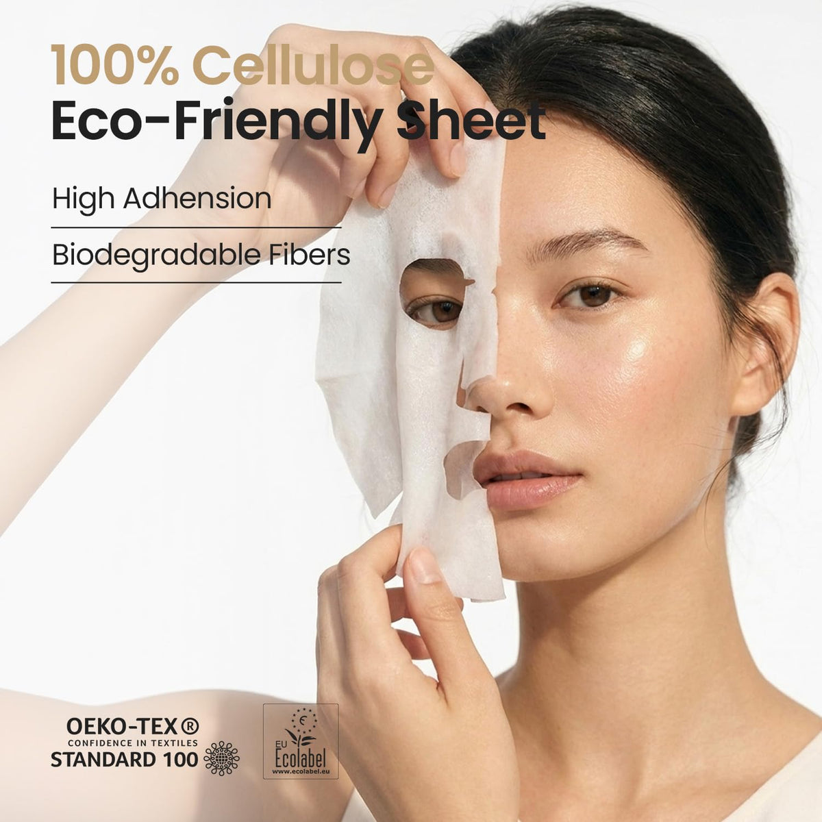 SKINFOOD model wearing sheet mask demonstrating quick five-minute use benefit
