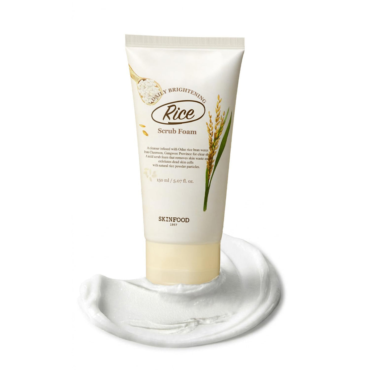 SKINFOOD tube front view showing Rice Daily Scrub Foam packaging benefits