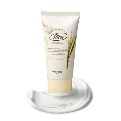 SKINFOOD tube front view showing Rice Daily Scrub Foam packaging benefits
