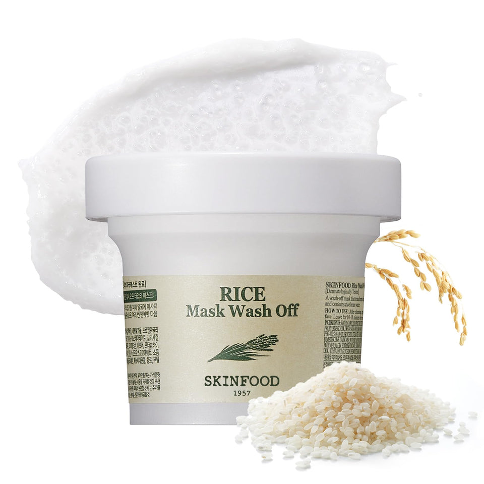 SKINFOOD jar front view showing rice mask packaging and clear product identity