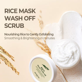 SKINFOOD close-up of fine rice-texture mask showing gentle exfoliating particles
