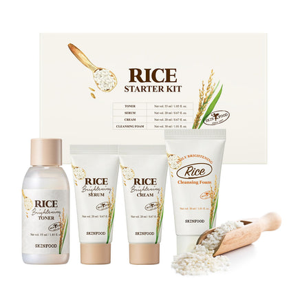 SKINFOOD packaging front view showing full rice starter kit, gift-ready convenience