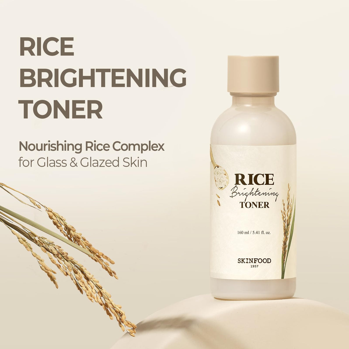 SKINFOOD pouring the rice toner texture demonstrating lightweight hydration