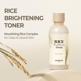 SKINFOOD pouring the rice toner texture demonstrating lightweight hydration