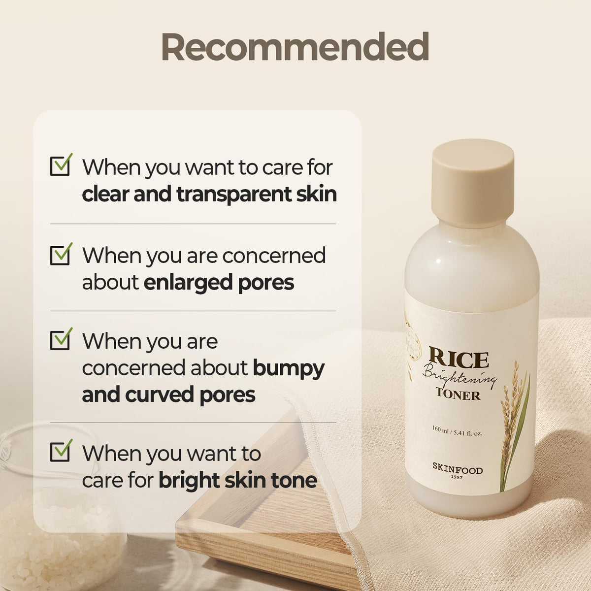 SKINFOOD toner next to common objects showing 160ml size and travel-ready benefit