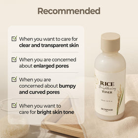SKINFOOD toner next to common objects showing 160ml size and travel-ready benefit