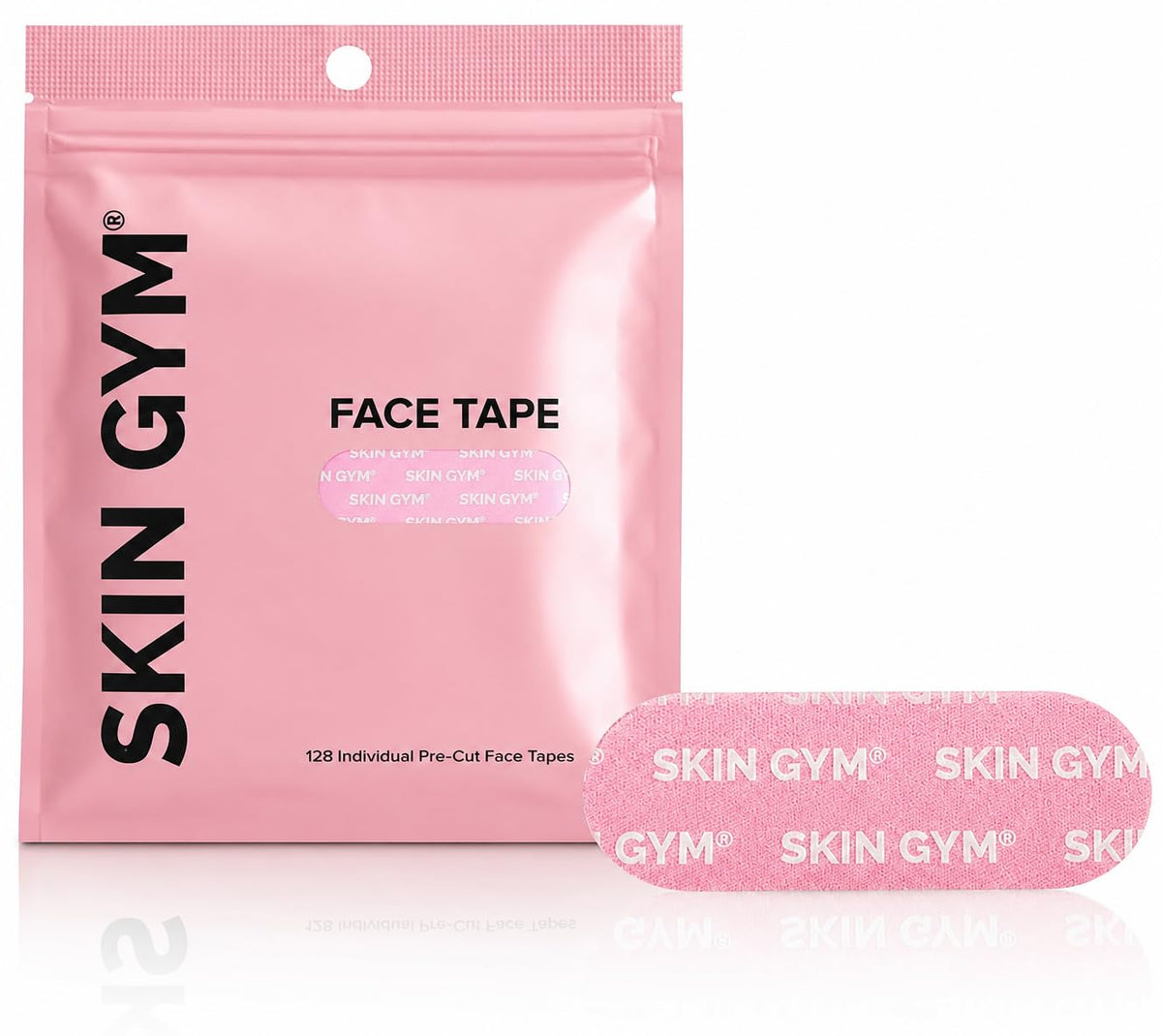 SKIN GYM front packaging showing 128 pre-cut anti-wrinkle strips for convenience