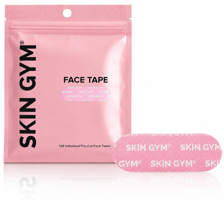 SKIN GYM front packaging showing 128 pre-cut anti-wrinkle strips for convenience