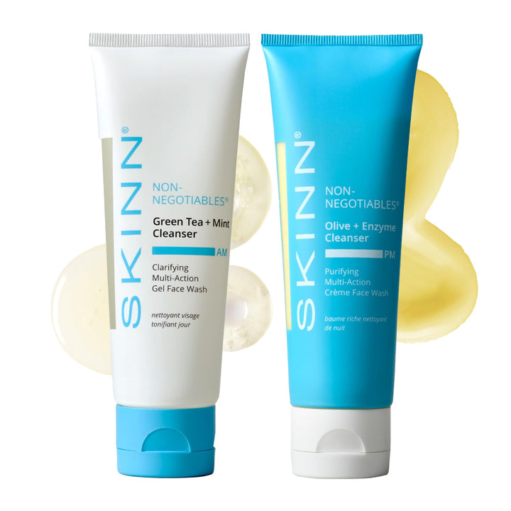 SKINN front packaging of the day and night face wash set showing both bottles and benefits