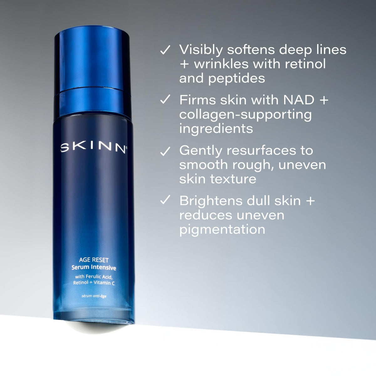 SKINN ingredients flat lay with vitamin C, retinol, ferulic acid visuals