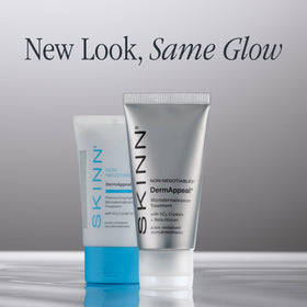SKINN DermAppeal ingredients layout featuring fruit enzymes and Beta-Glucan for soothing benefits