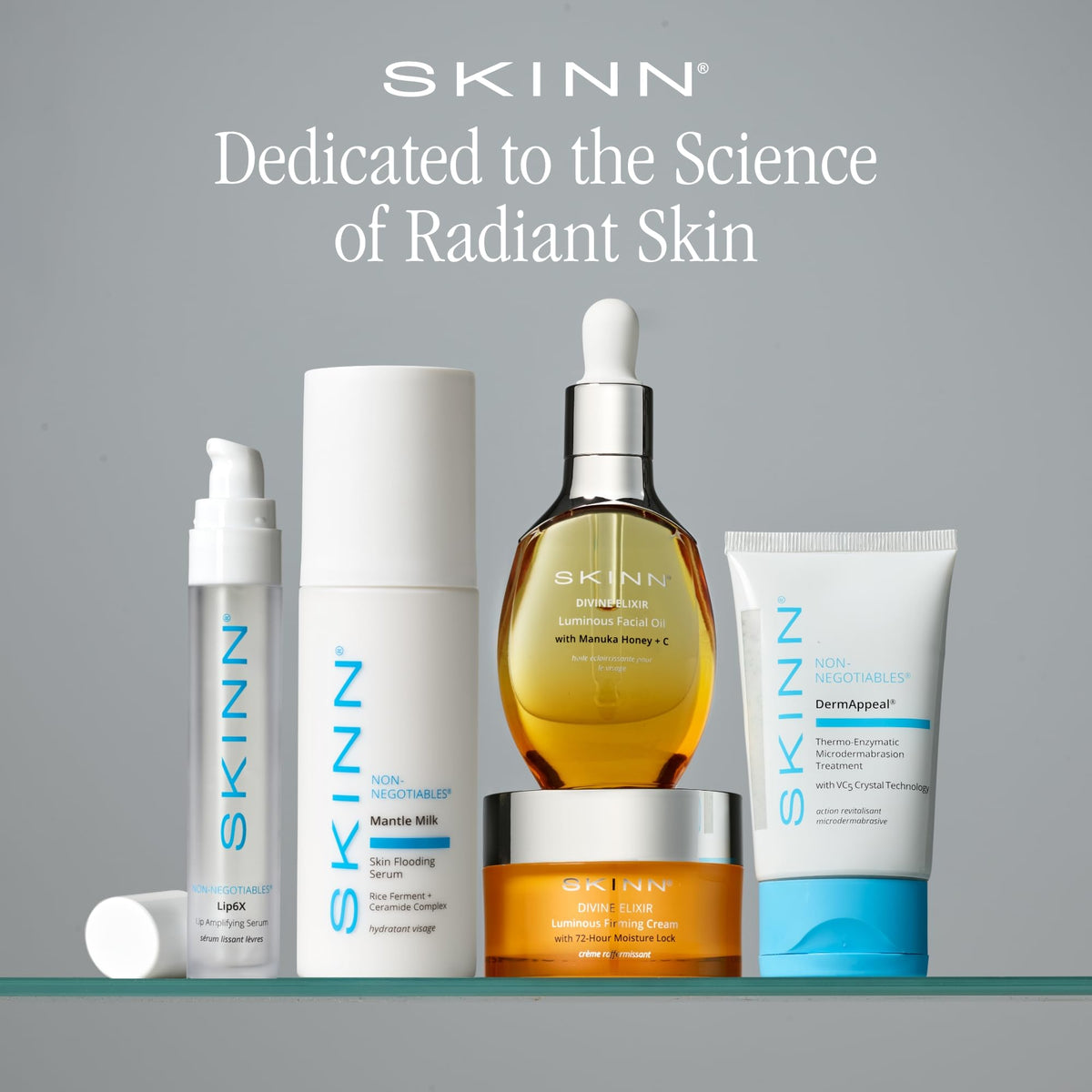 SKINN on bathroom vanity lifestyle shot conveying effortless skincare routine