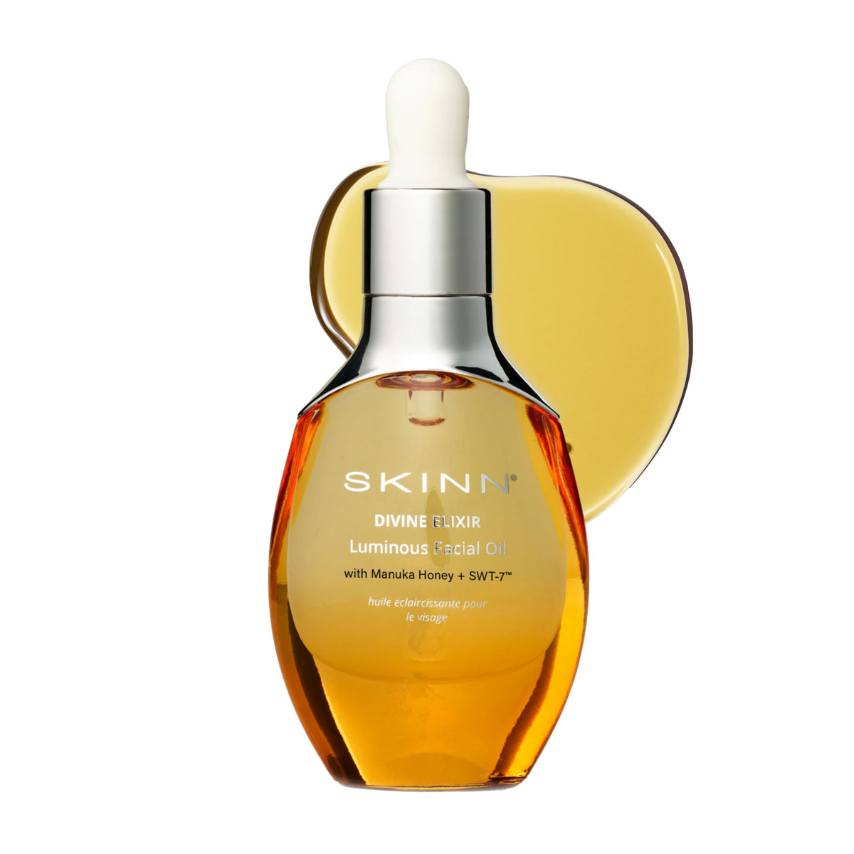 SKINN bottle front packaging showing luminous face oil and benefits