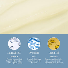 SKINN ingredient layout with peptides and probiotics, highlights firming and resilience support